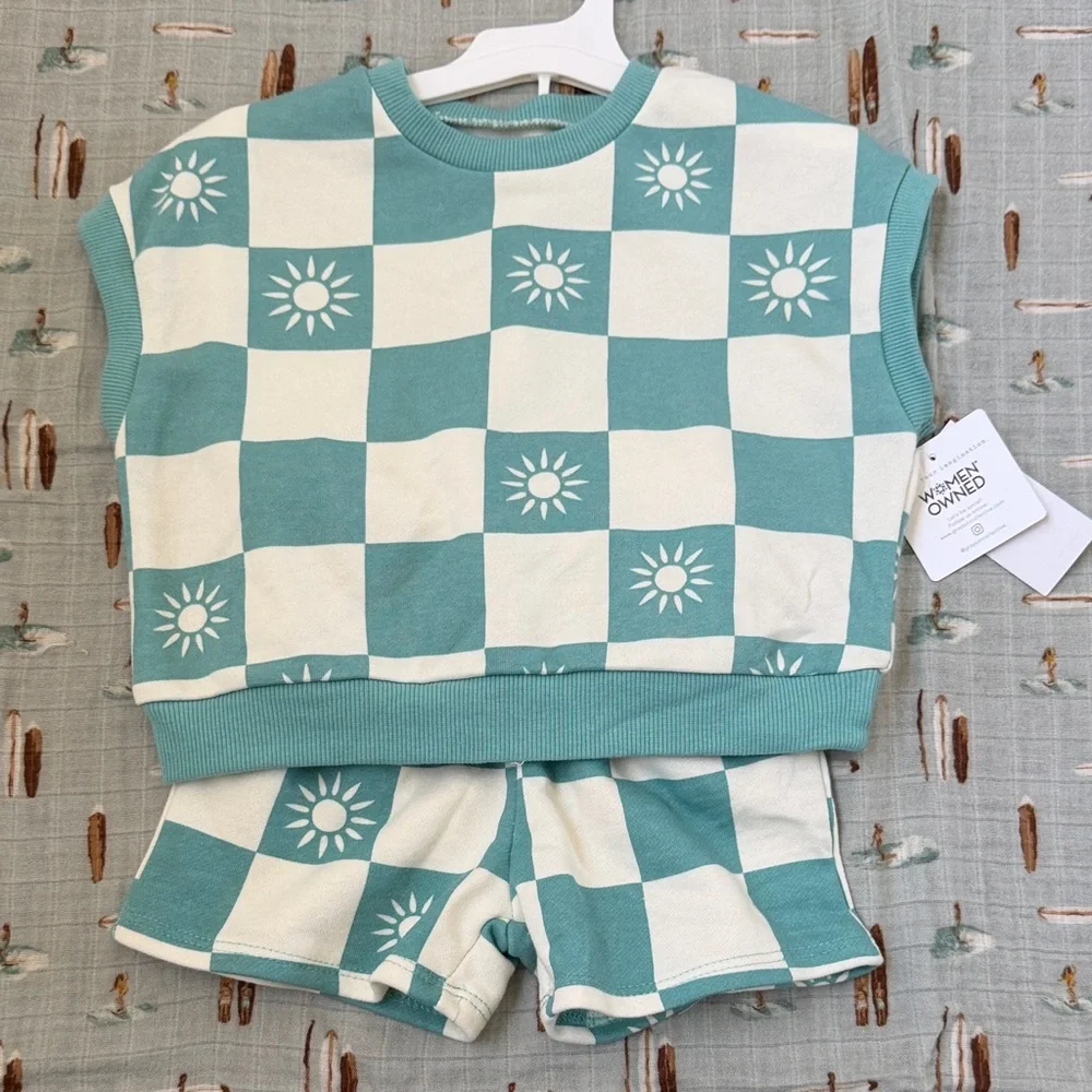 Grayson Mini Sun Checkerboard Kids Set - Teal and Cream
